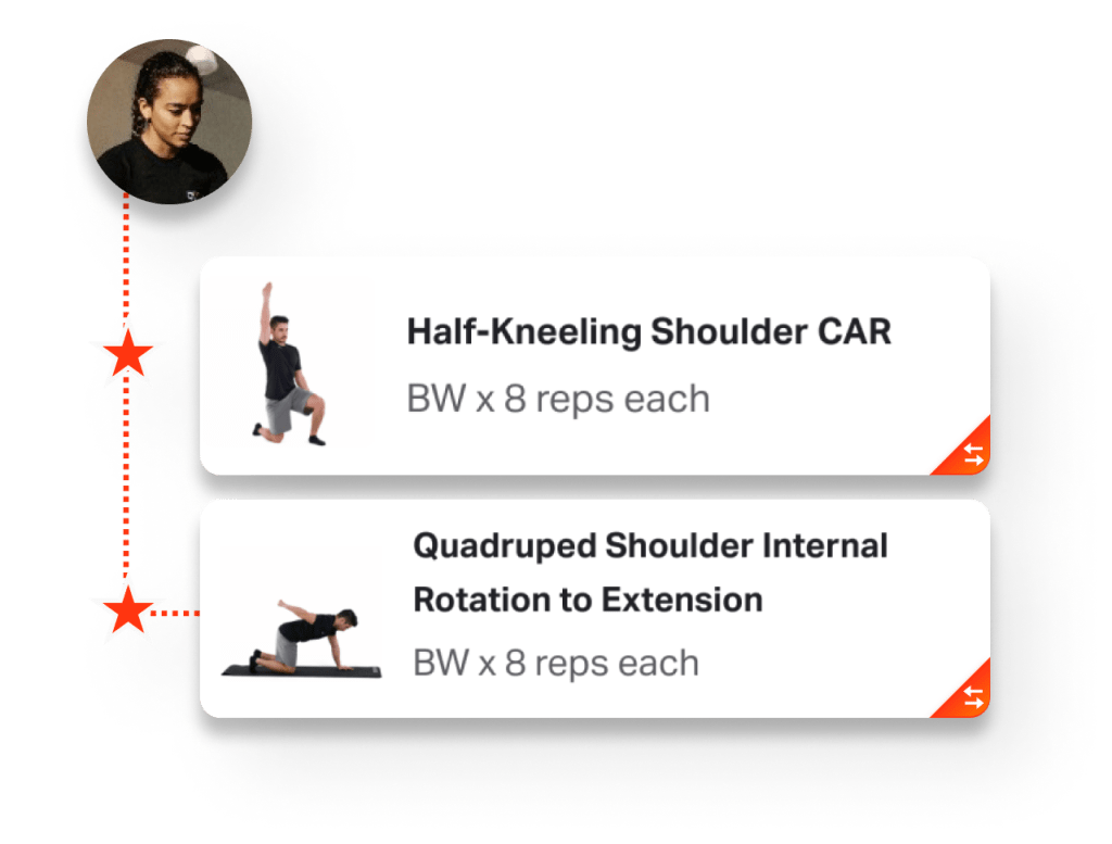 Volt Athletics app interface displaying personalized shoulder mobility exercises, including Half-Kneeling Shoulder CAR and Quadruped Shoulder Internal Rotation to Extension, tailored to the user's specific training needs.